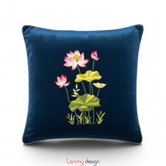 Velvet cushion cover embroidered with pink lotus